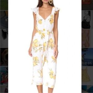 For Love and Lemons White Cropped Jumpsuit with Yellow Lemon Print